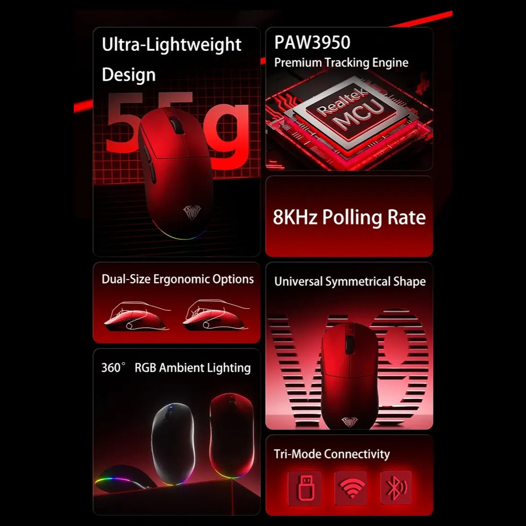 AULA V9 Ultra Tri-Mode Wireless Gaming Mouse, PAW3950 Sensor, Up to 42,000 DPI, Dual 8K Polling Rate, Omron Optical Switches, 600mAh Battery, StarWars Red