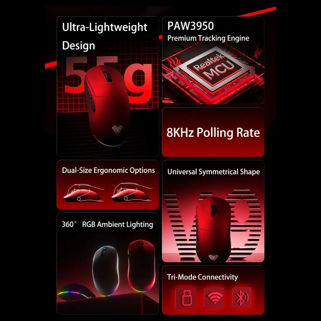 AULA V9 Ultra Tri-Mode Wireless Gaming Mouse, PAW3950 Sensor, Up to 42,000 DPI, Dual 8K Polling Rate, Omron Optical Switches, 600mAh Battery, StarWars Red