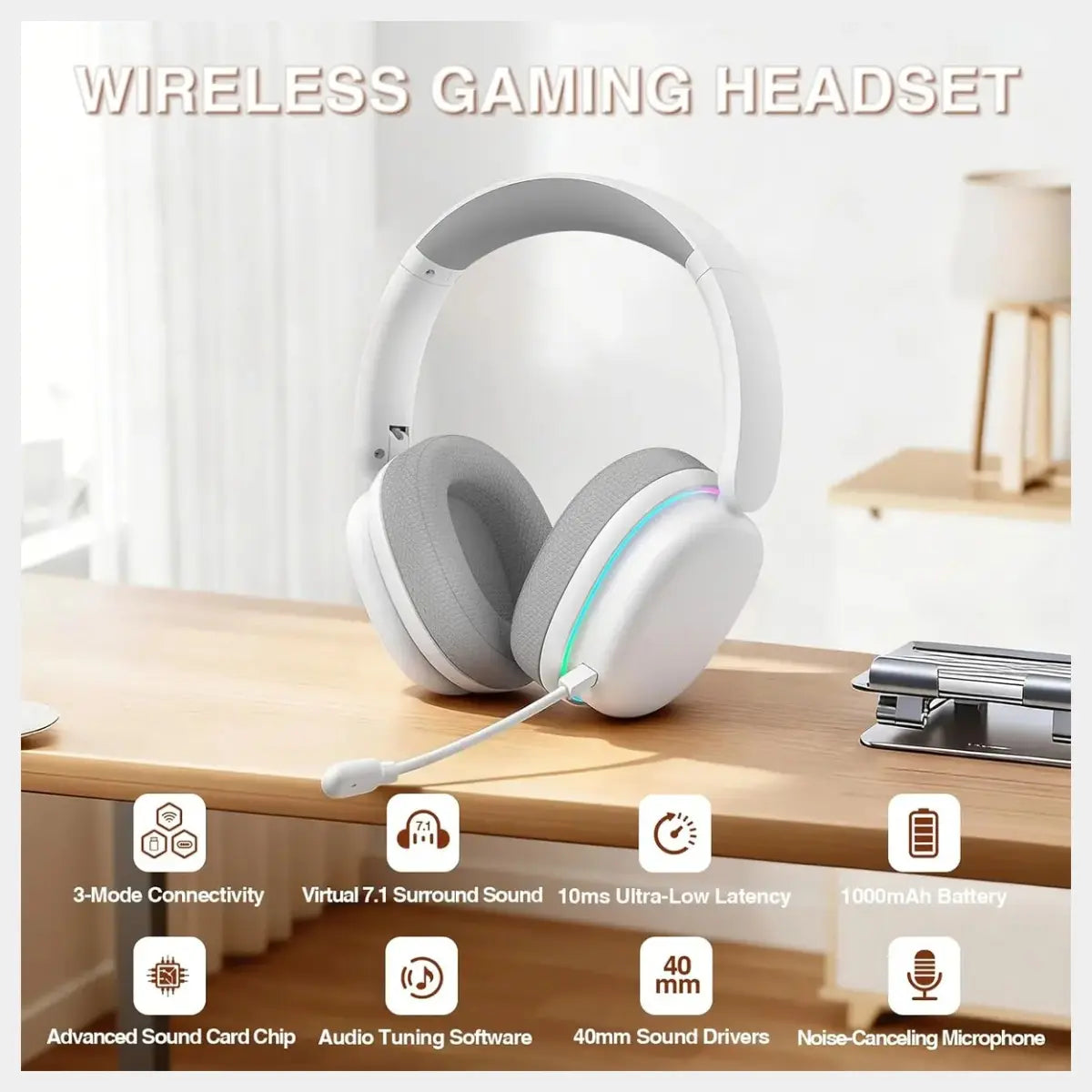 Aula G7 Pro Wireless Gaming Headset, Virtual 7.1 Surround Sound, 40mm Driver, BT5.3, 2.4G Type-C Wireless, 3.5mm Wired, 10ms Latency, Noise-Canceling Mic, 65H Battery, RGB, White