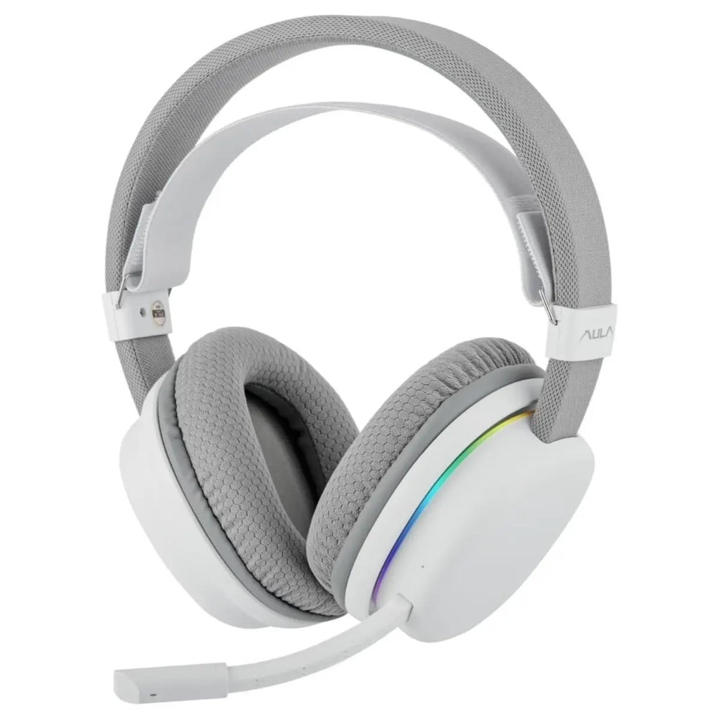 AULA G7 Wireless Gaming Headset, Dual Bluetooth 5.3 and 2.4GHz, 7.1 Surround Sound, 10ms Ultra-Low Latency, 80+ Hour Battery, RGB, Noise-Canceling Mic, Silver Wing White