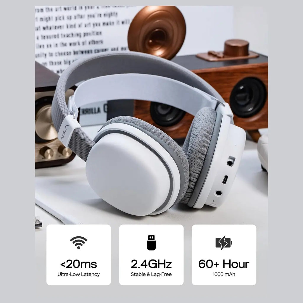 AULA G7 Wireless Gaming Headset, Dual Bluetooth 5.3 and 2.4GHz, 7.1 Surround Sound, 10ms Ultra-Low Latency, 80+ Hour Battery, RGB, Noise-Canceling Mic, Silver Wing White