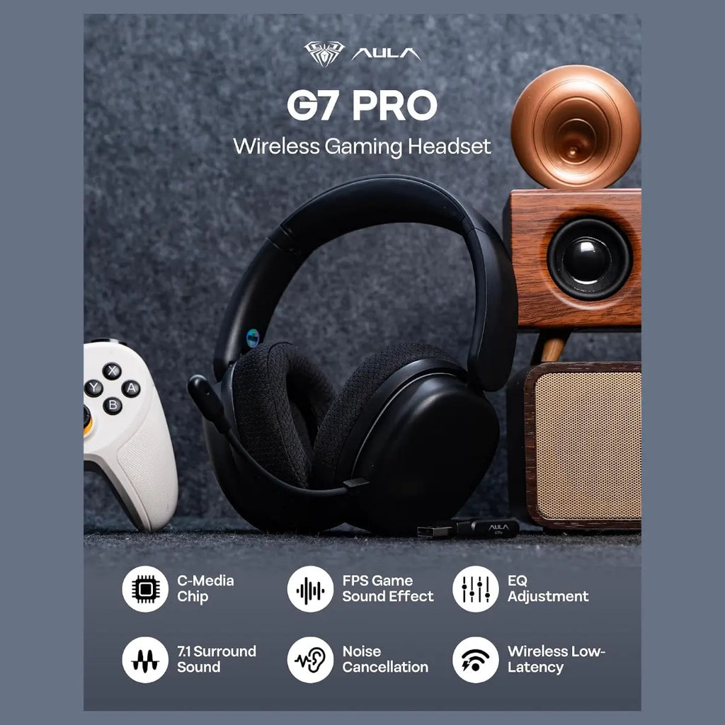 AULA G7 Pro Wireless Gaming Headset, Virtual 7.1 Surround Sound, 40mm Driver, BT5.3 and 2.4GHz and 3.5mm Tri-Mode, 10ms Latency, Noise-Canceling Mic, RGB, 280g, Black