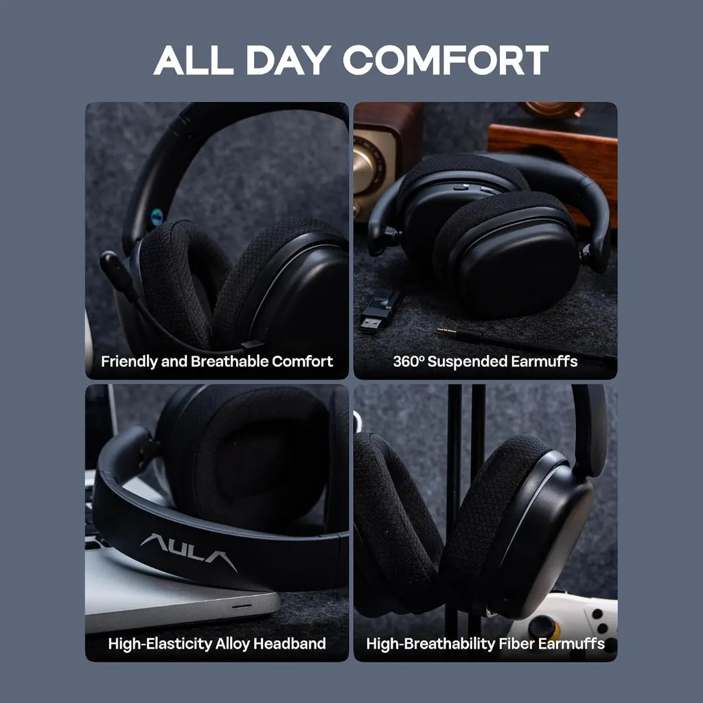 AULA G7 Pro Wireless Gaming Headset, Virtual 7.1 Surround Sound, 40mm Driver, BT5.3 and 2.4GHz and 3.5mm Tri-Mode, 10ms Latency, Noise-Canceling Mic, RGB, 280g, Black