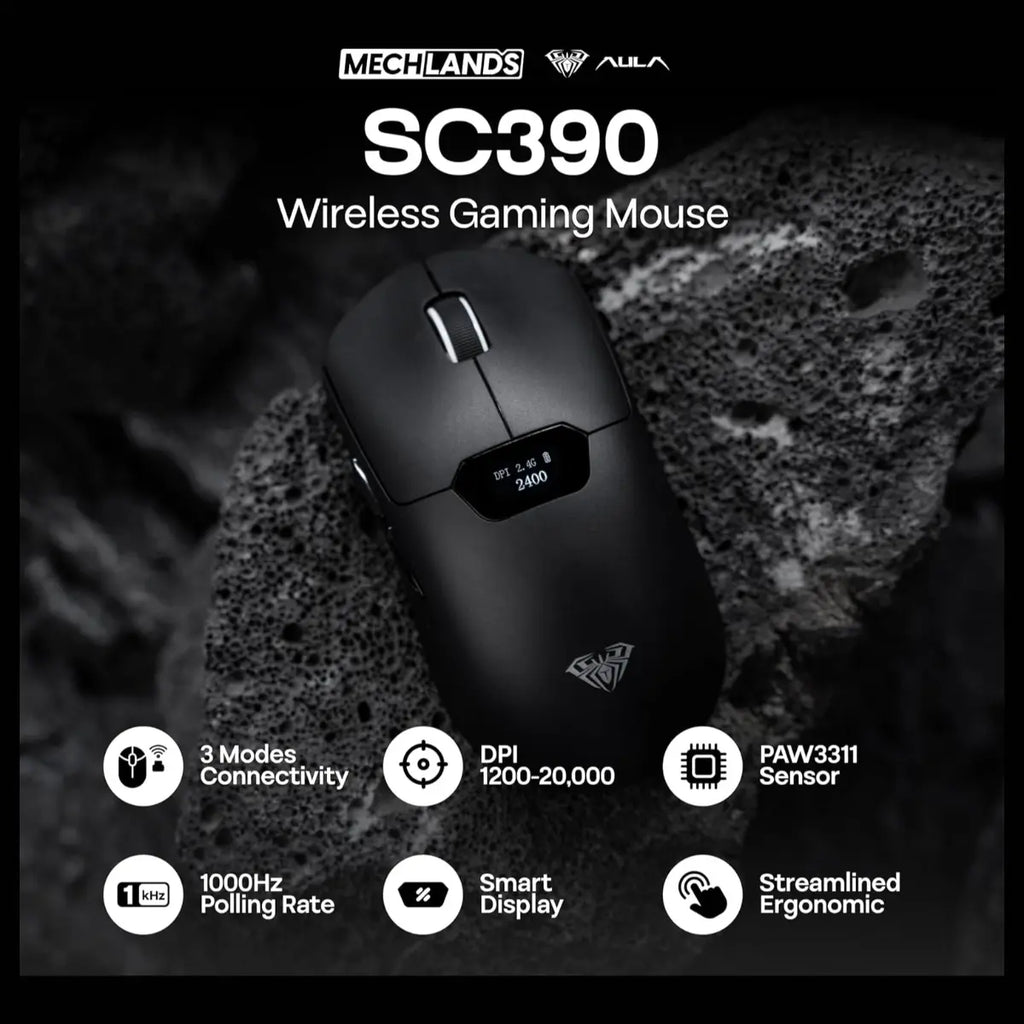 AULA SC390 Lightweight Gaming Mouse With Display Screen, PAW3311 Optical Sensor, Up To 20,000 DPI, 1000Hz Polling Rate, Bluetooth 2.4GHz Wireless and USB-C Wired, Black