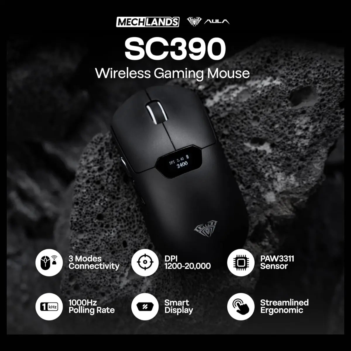 AULA SC390 Lightweight Gaming Mouse With Display Screen, PAW3311 Optical Sensor, Up To 20,000 DPI, 1000Hz Polling Rate, Bluetooth 2.4GHz Wireless and USB-C Wired, Black