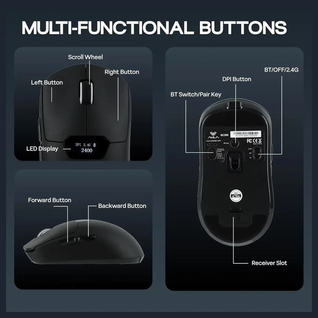 AULA SC390 Lightweight Gaming Mouse With Display Screen, PAW3311 Optical Sensor, Up To 20,000 DPI, 1000Hz Polling Rate, Bluetooth 2.4GHz Wireless and USB-C Wired, Black
