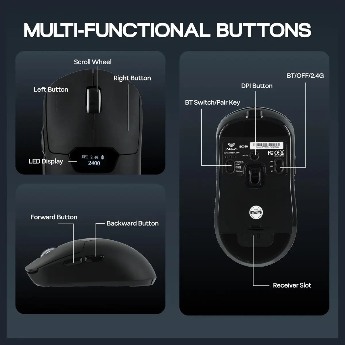 AULA SC390 Lightweight Gaming Mouse With Display Screen, PAW3311 Optical Sensor, Up To 20,000 DPI, 1000Hz Polling Rate, Bluetooth 2.4GHz Wireless and USB-C Wired, Black