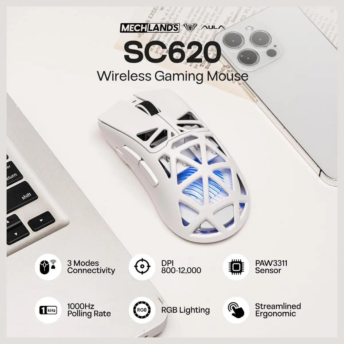 Aula SC620 Wireless Gaming Mouse, 3311 Sensor, Tri-Mode Wired 2.4GHz Wireless and Bluetooth, 67g Lightweight Honeycomb Shell, 400mAh Rechargeable Battery, White