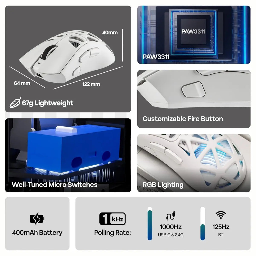 Aula SC620 Wireless Gaming Mouse, 3311 Sensor, Tri-Mode Wired 2.4GHz Wireless and Bluetooth, 67g Lightweight Honeycomb Shell, 400mAh Rechargeable Battery, White