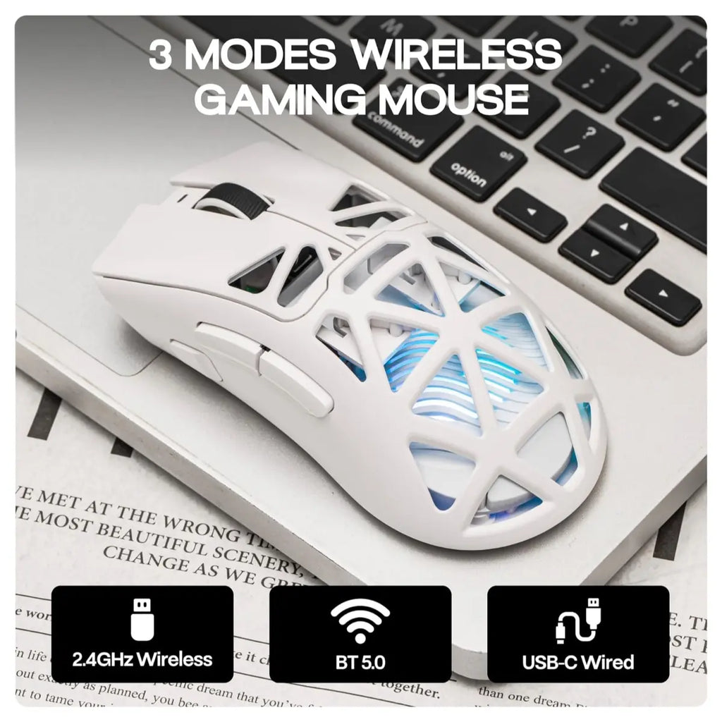 Aula SC620 Wireless Gaming Mouse, 3311 Sensor, Tri-Mode Wired 2.4GHz Wireless and Bluetooth, 67g Lightweight Honeycomb Shell, 400mAh Rechargeable Battery, White