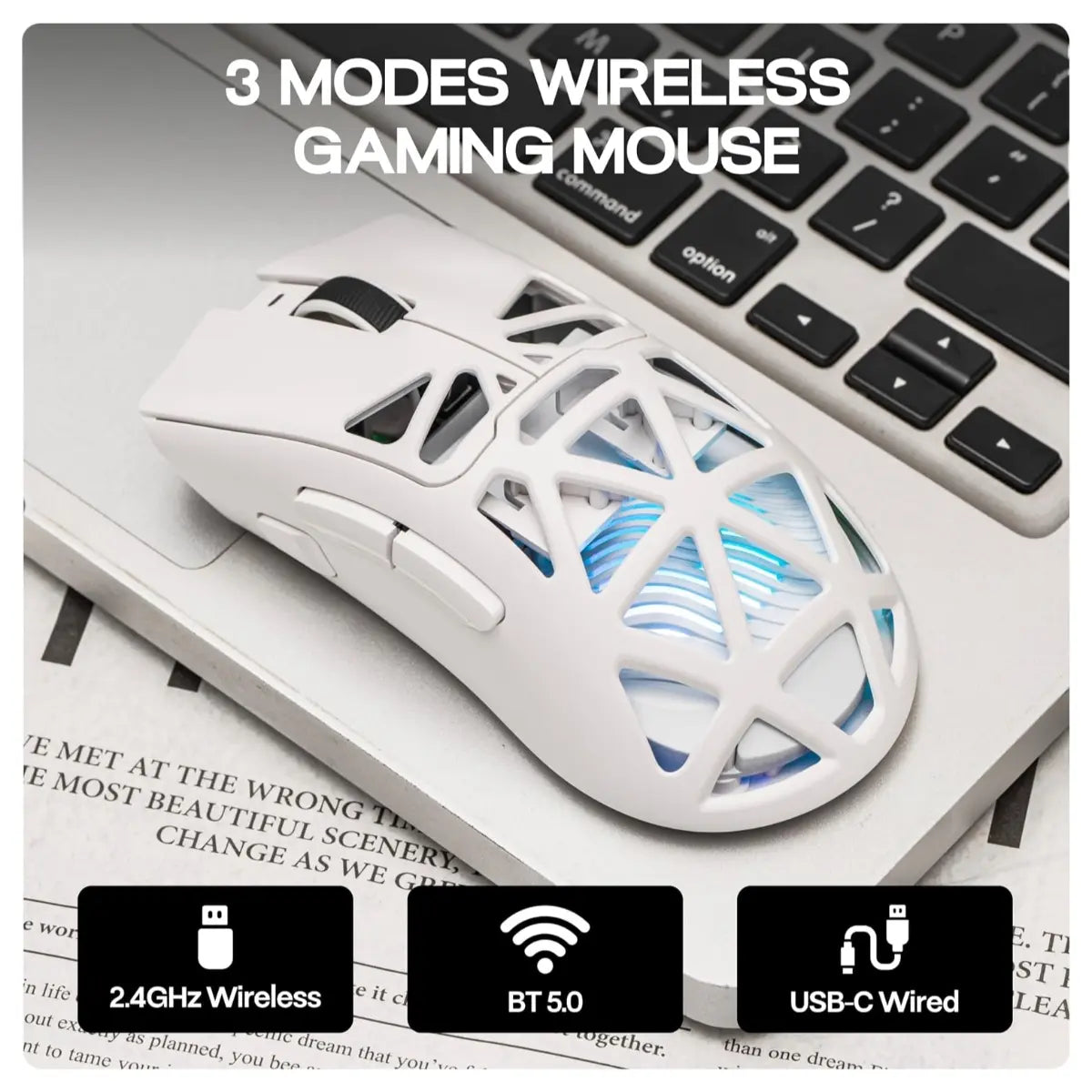 Aula SC620 Wireless Gaming Mouse, 3311 Sensor, Tri-Mode Wired 2.4GHz Wireless and Bluetooth, 67g Lightweight Honeycomb Shell, 400mAh Rechargeable Battery, White