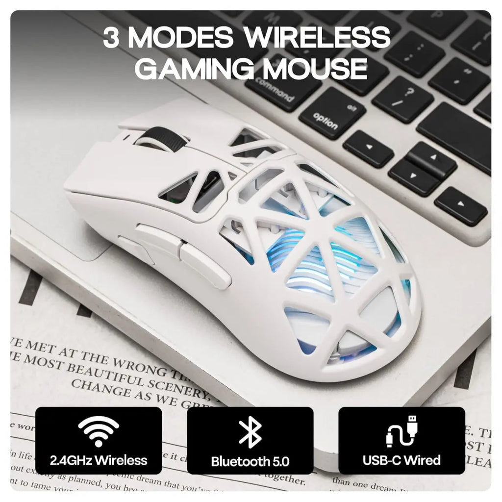 Aula SC620 Wireless Gaming Mouse, 3311 Sensor, Tri-Mode Wired 2.4GHz Wireless and Bluetooth, 67g Lightweight Honeycomb Shell, 400mAh Rechargeable Battery, White