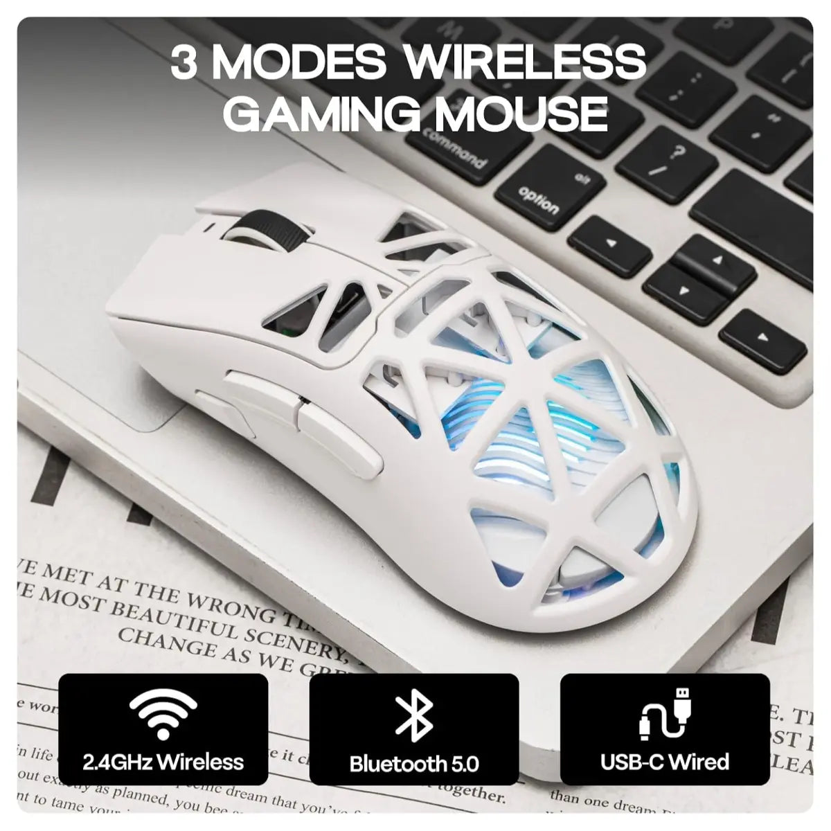 Aula SC620 Wireless Gaming Mouse, 3311 Sensor, Tri-Mode Wired 2.4GHz Wireless and Bluetooth, 67g Lightweight Honeycomb Shell, 400mAh Rechargeable Battery, White