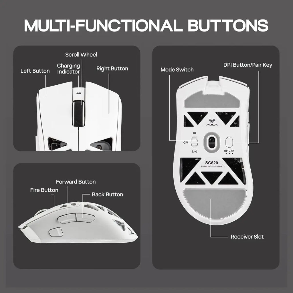 Aula SC620 Wireless Gaming Mouse, 3311 Sensor, Tri-Mode Wired 2.4GHz Wireless and Bluetooth, 67g Lightweight Honeycomb Shell, 400mAh Rechargeable Battery, White