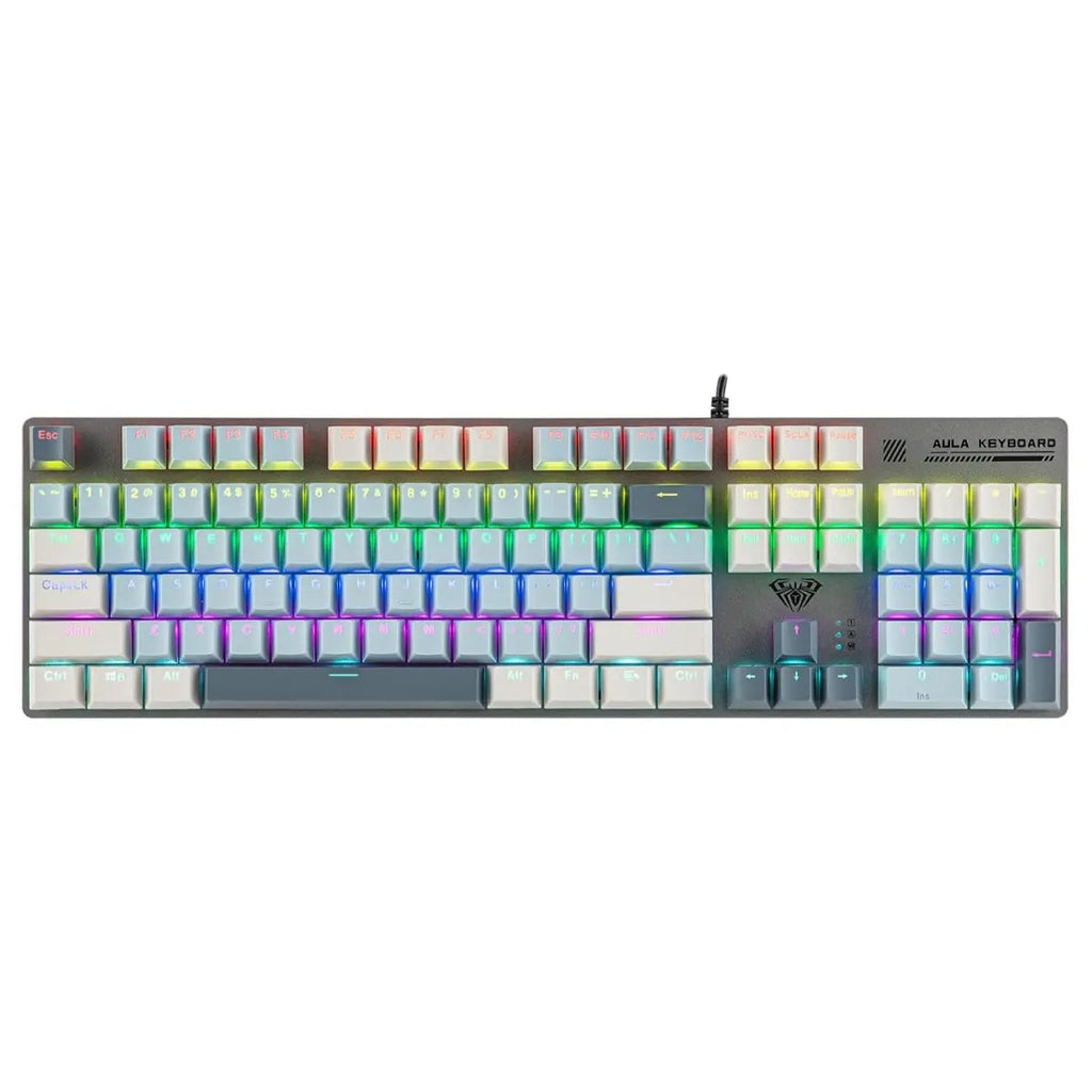 AULA S500 Wired Gaming Keyboard, 104 Keys Full Size Mechanical Keyboard with Number Pad, Blue Switch, NKRO, RGB Backlits, Shine Through Keycaps, Ergonomic, Blue and Grey