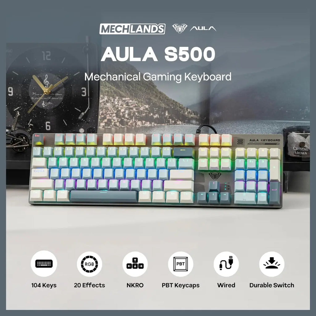 AULA S500 Wired Gaming Keyboard, 104 Keys Full Size Mechanical Keyboard with Number Pad, Blue Switch, NKRO, RGB Backlits, Shine Through Keycaps, Ergonomic, Blue and Grey