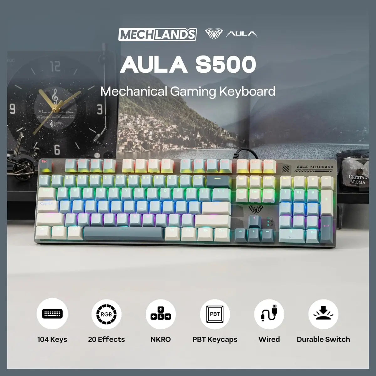AULA S500 Wired Gaming Keyboard, 104 Keys Full Size Mechanical Keyboard with Number Pad, Blue Switch, NKRO, RGB Backlits, Shine Through Keycaps, Ergonomic, Blue and Grey