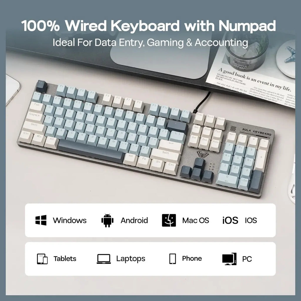 AULA S500 Wired Gaming Keyboard, 104 Keys Full Size Mechanical Keyboard with Number Pad, Blue Switch, NKRO, RGB Backlits, Shine Through Keycaps, Ergonomic, Blue and Grey