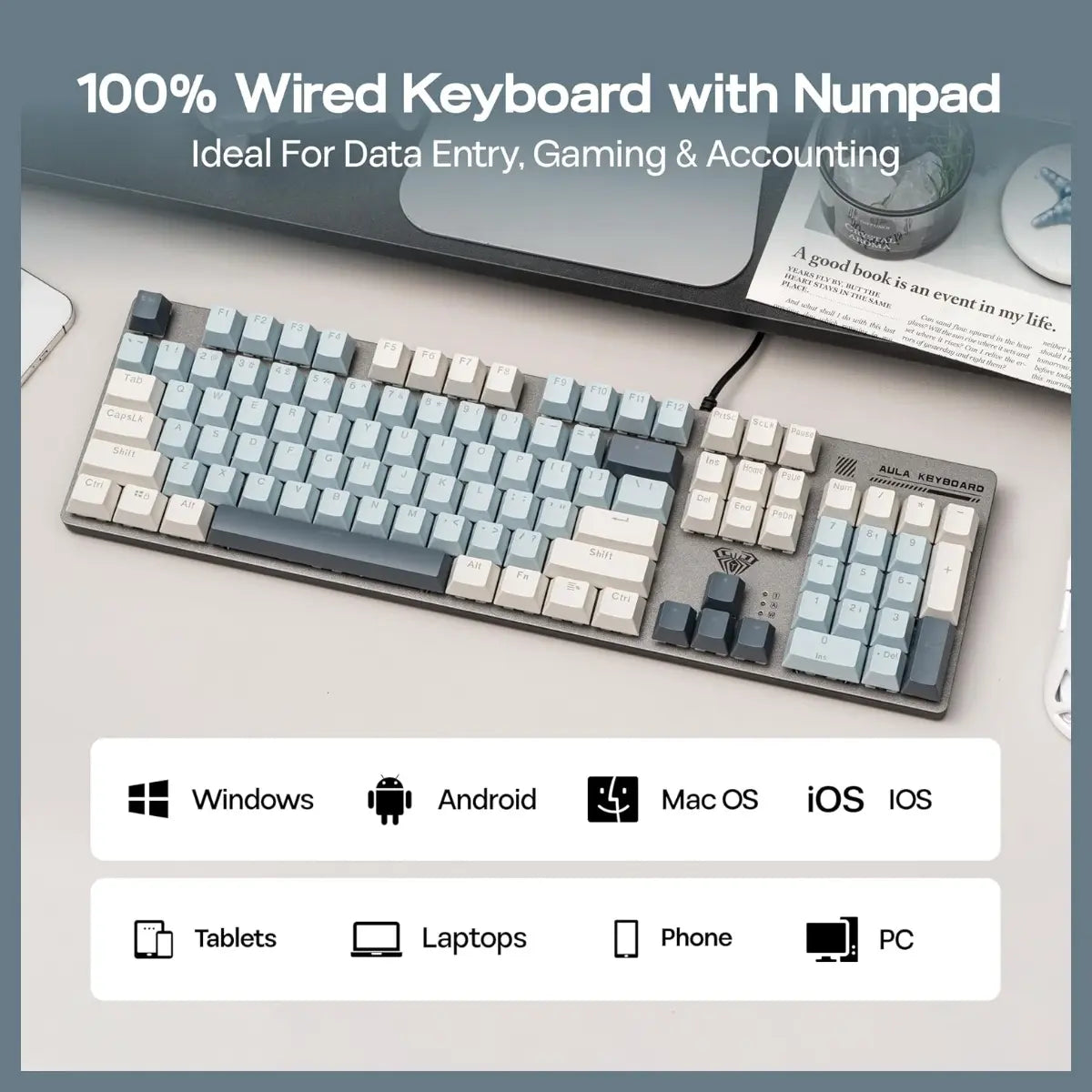 AULA S500 Wired Gaming Keyboard, 104 Keys Full Size Mechanical Keyboard with Number Pad, Blue Switch, NKRO, RGB Backlits, Shine Through Keycaps, Ergonomic, Blue and Grey