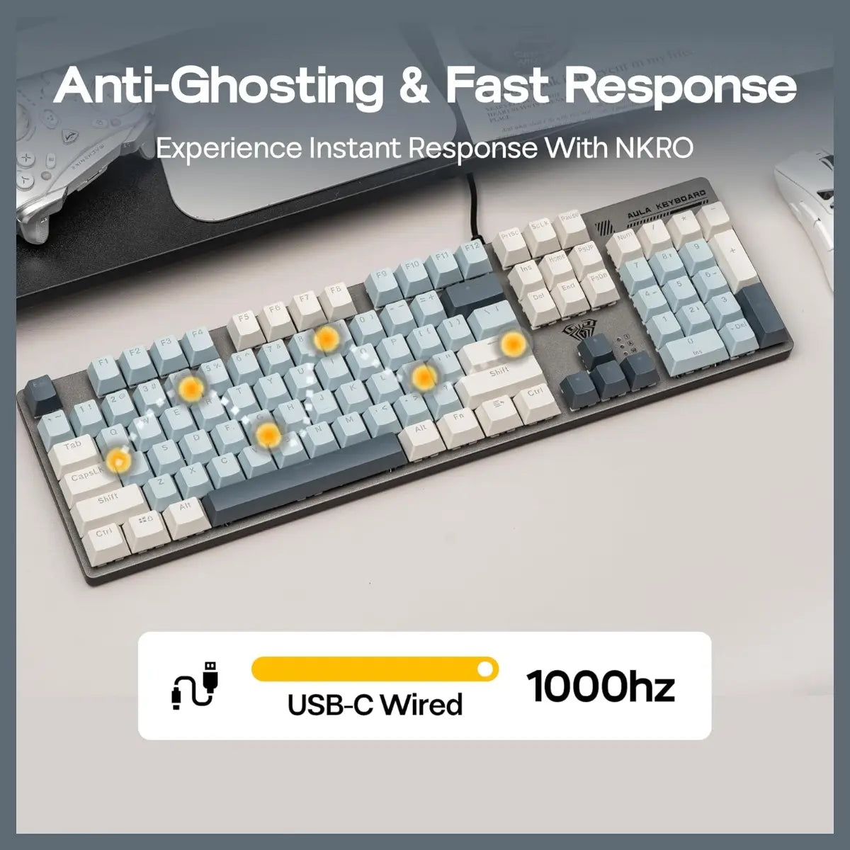 AULA S500 Wired Gaming Keyboard, 104 Keys Full Size Mechanical Keyboard with Number Pad, Blue Switch, NKRO, RGB Backlits, Shine Through Keycaps, Ergonomic, Blue and Grey