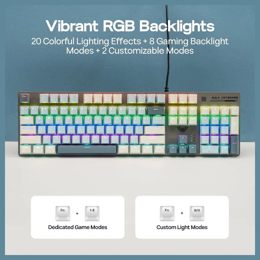 AULA S500 Wired Gaming Keyboard, 104 Keys Full Size Mechanical Keyboard with Number Pad, Blue Switch, NKRO, RGB Backlits, Shine Through Keycaps, Ergonomic, Blue and Grey