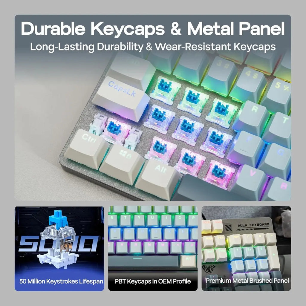 AULA S500 Wired Gaming Keyboard, 104 Keys Full Size Mechanical Keyboard with Number Pad, Blue Switch, NKRO, RGB Backlits, Shine Through Keycaps, Ergonomic, Blue and Grey