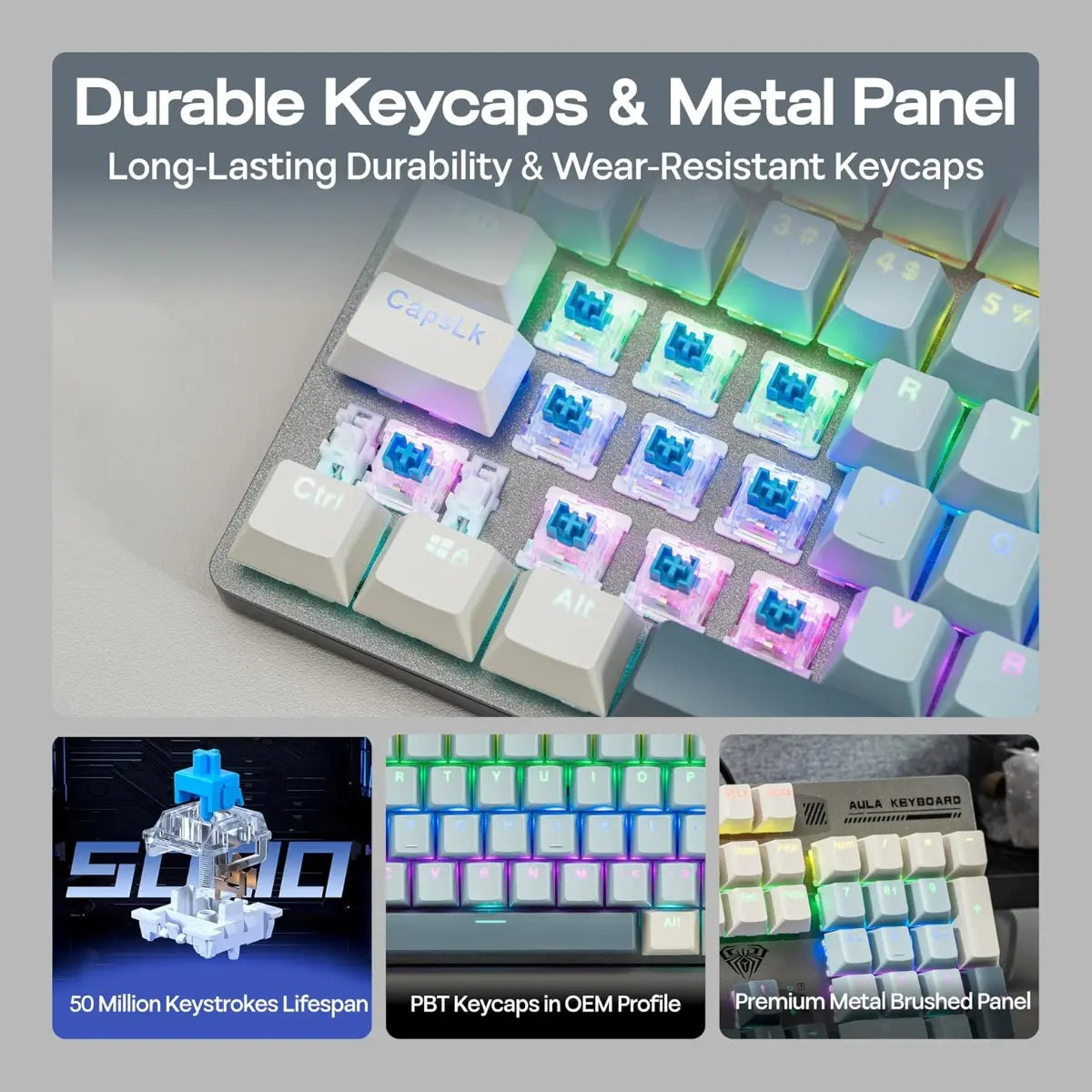 AULA S500 Wired Gaming Keyboard, 104 Keys Full Size Mechanical Keyboard with Number Pad, Blue Switch, NKRO, RGB Backlits, Shine Through Keycaps, Ergonomic, Blue and Grey