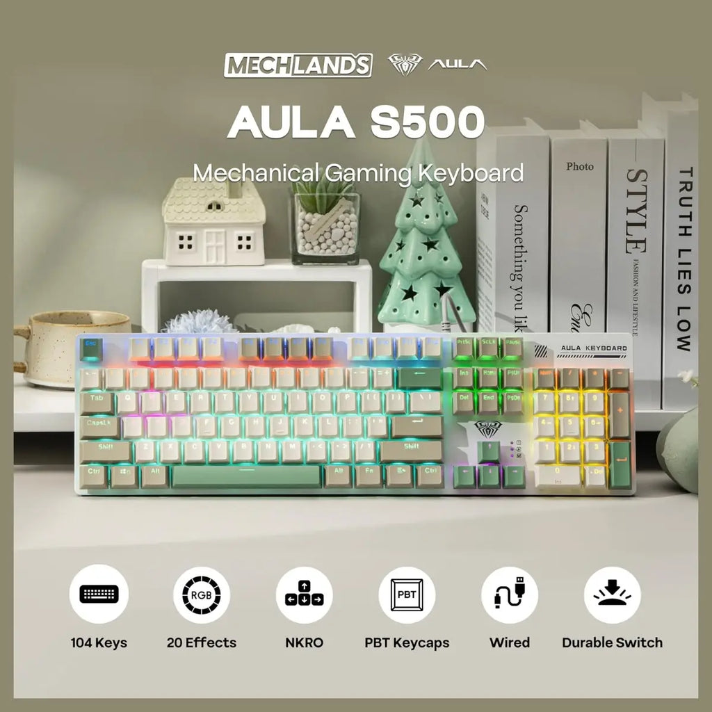 AULA S500 Wired Gaming Keyboard, 100% Full Size Mechanical Keyboard With Number Pad, 104 Keys, NKRO, RGB Backlits, Shine Through Keycaps, Red Switch, White and Green