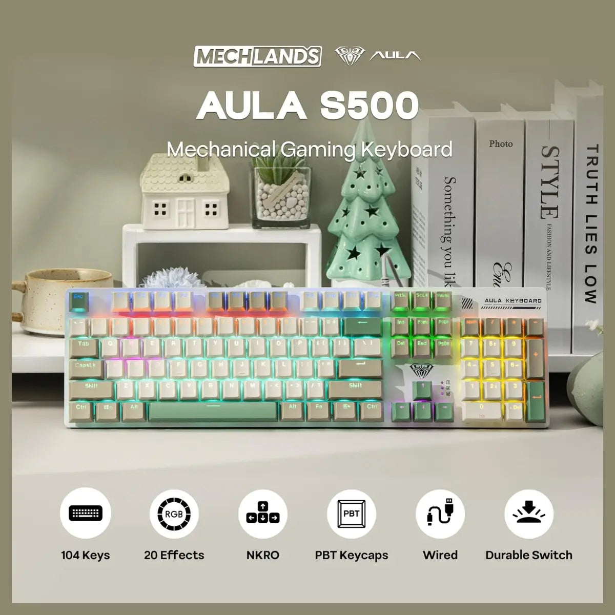 AULA S500 Wired Gaming Keyboard, 100% Full Size Mechanical Keyboard With Number Pad, 104 Keys, NKRO, RGB Backlits, Shine Through Keycaps, Red Switch, White and Green
