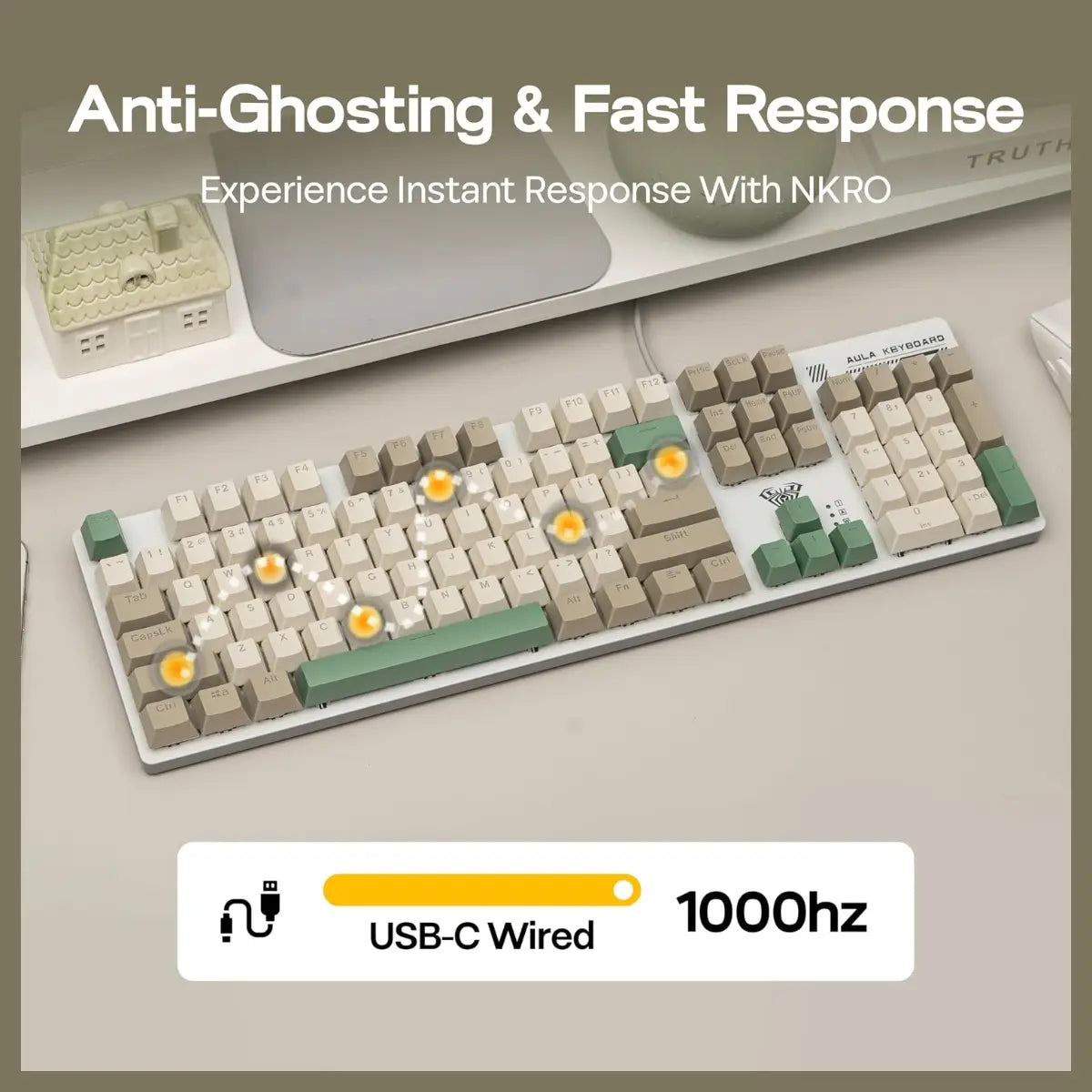 AULA S500 Wired Gaming Keyboard, 100% Full Size Mechanical Keyboard With Number Pad, 104 Keys, NKRO, RGB Backlits, Shine Through Keycaps, Red Switch, White and Green