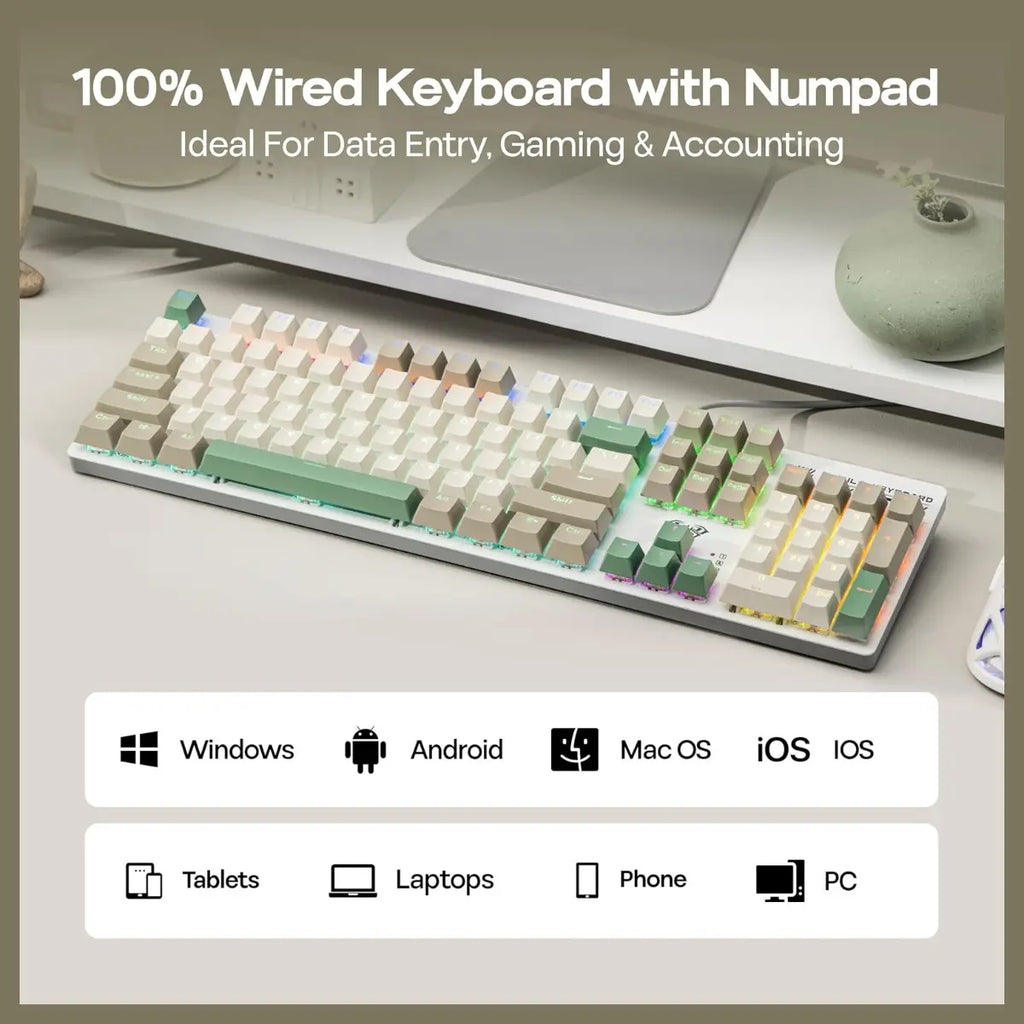 AULA S500 Wired Gaming Keyboard, 100% Full Size Mechanical Keyboard With Number Pad, 104 Keys, NKRO, RGB Backlits, Shine Through Keycaps, Red Switch, White and Green
