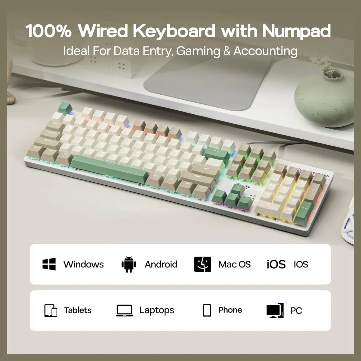 AULA S500 Wired Gaming Keyboard, 100% Full Size Mechanical Keyboard With Number Pad, 104 Keys, NKRO, RGB Backlits, Shine Through Keycaps, Red Switch, White and Green
