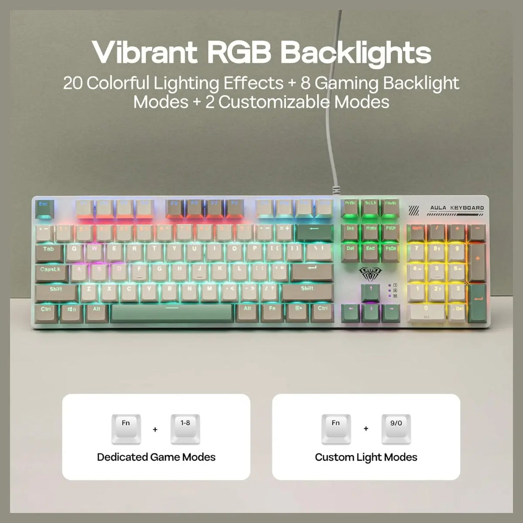 AULA S500 Wired Gaming Keyboard, 100% Full Size Mechanical Keyboard With Number Pad, 104 Keys, NKRO, RGB Backlits, Shine Through Keycaps, Red Switch, White and Green