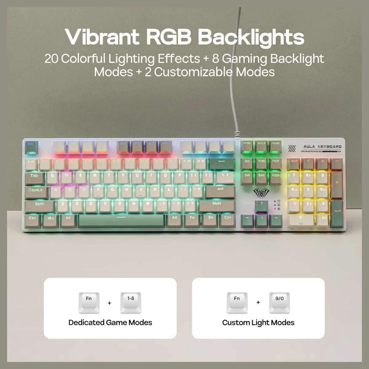 AULA S500 Wired Gaming Keyboard, 100% Full Size Mechanical Keyboard With Number Pad, 104 Keys, NKRO, RGB Backlits, Shine Through Keycaps, Red Switch, White and Green