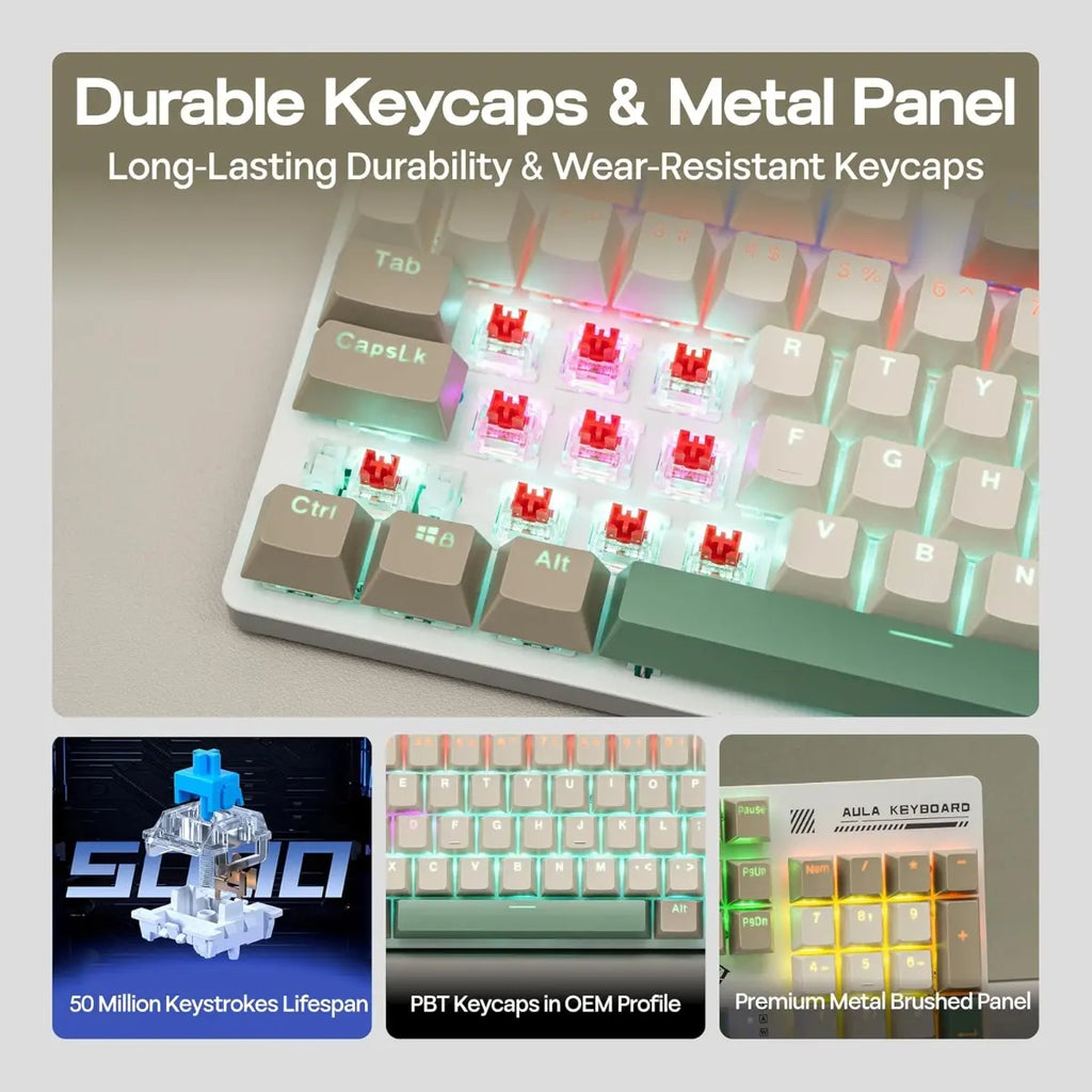 AULA S500 Wired Gaming Keyboard, 100% Full Size Mechanical Keyboard With Number Pad, 104 Keys, NKRO, RGB Backlits, Shine Through Keycaps, Red Switch, White and Green