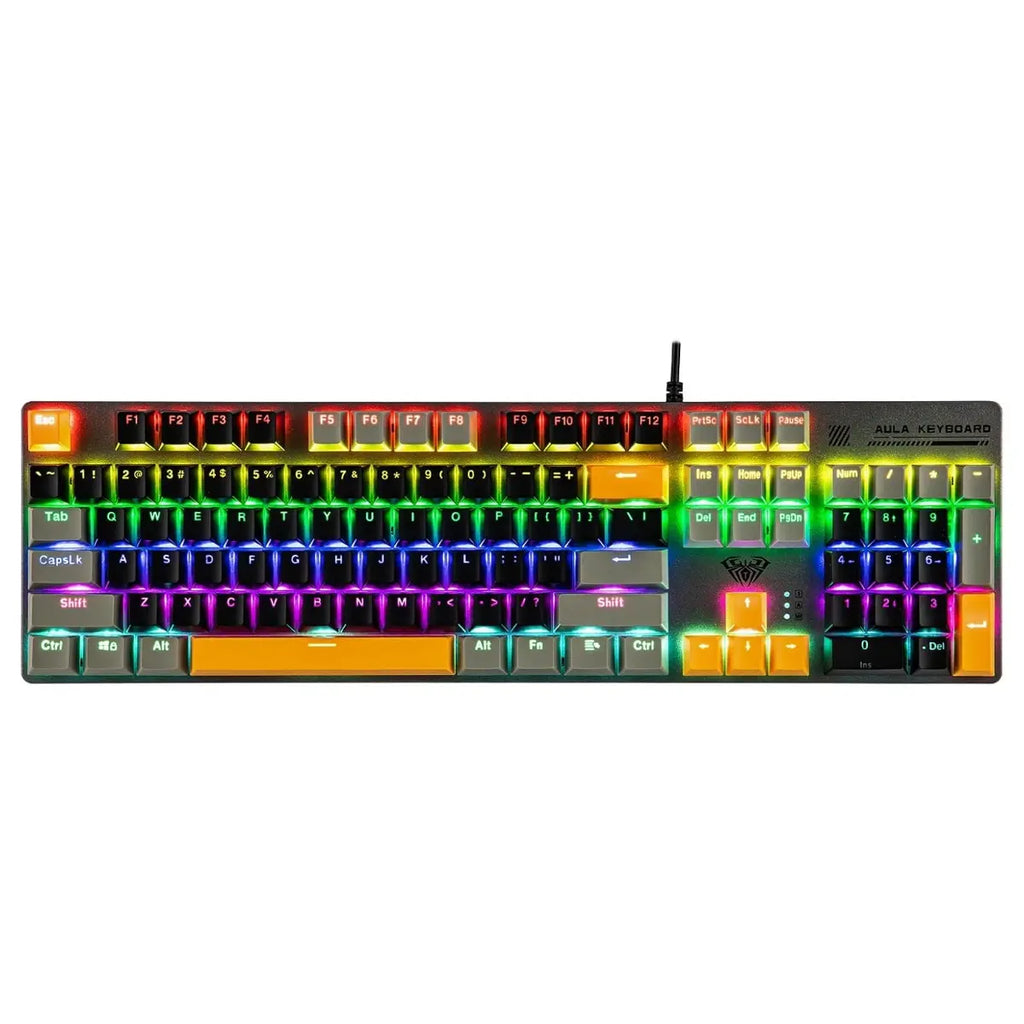 AULA S500 Wired Gaming Keyboard, 100% Full Size Mechanical Keyboard with Number Pad, 104 Keys, NKRO, RGB Backlits, Shine Through Keycaps, Ergonomic, Blue Switch, Black and Grey