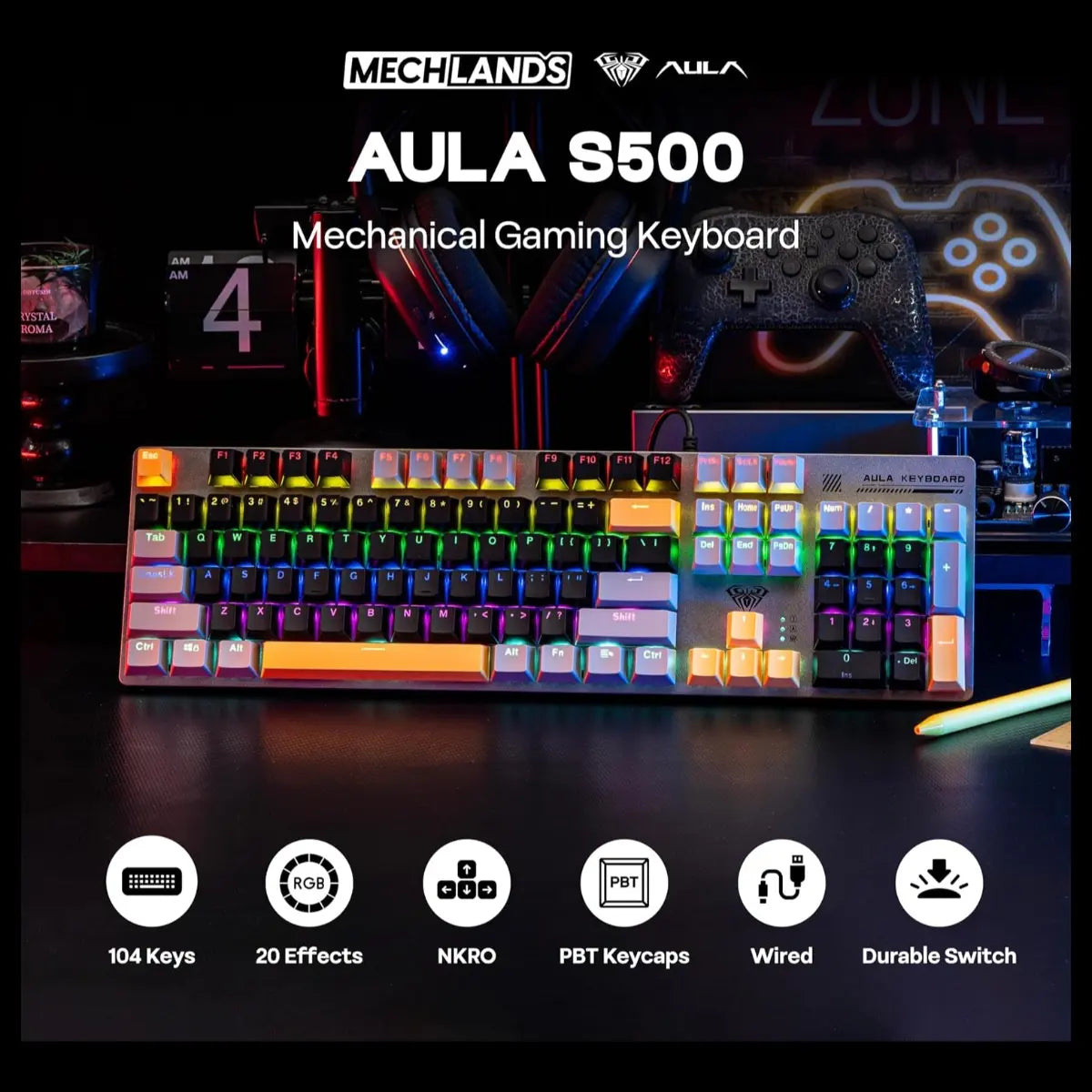 AULA S500 Wired Gaming Keyboard, 100% Full Size Mechanical Keyboard with Number Pad, 104 Keys, NKRO, RGB Backlits, Shine Through Keycaps, Ergonomic, Blue Switch, Black and Grey