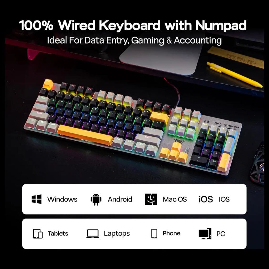AULA S500 Wired Gaming Keyboard, 100% Full Size Mechanical Keyboard with Number Pad, 104 Keys, NKRO, RGB Backlits, Shine Through Keycaps, Ergonomic, Blue Switch, Black and Grey