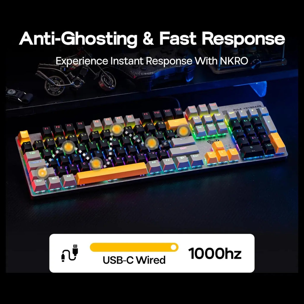 AULA S500 Wired Gaming Keyboard, 100% Full Size Mechanical Keyboard with Number Pad, 104 Keys, NKRO, RGB Backlits, Shine Through Keycaps, Ergonomic, Blue Switch, Black and Grey