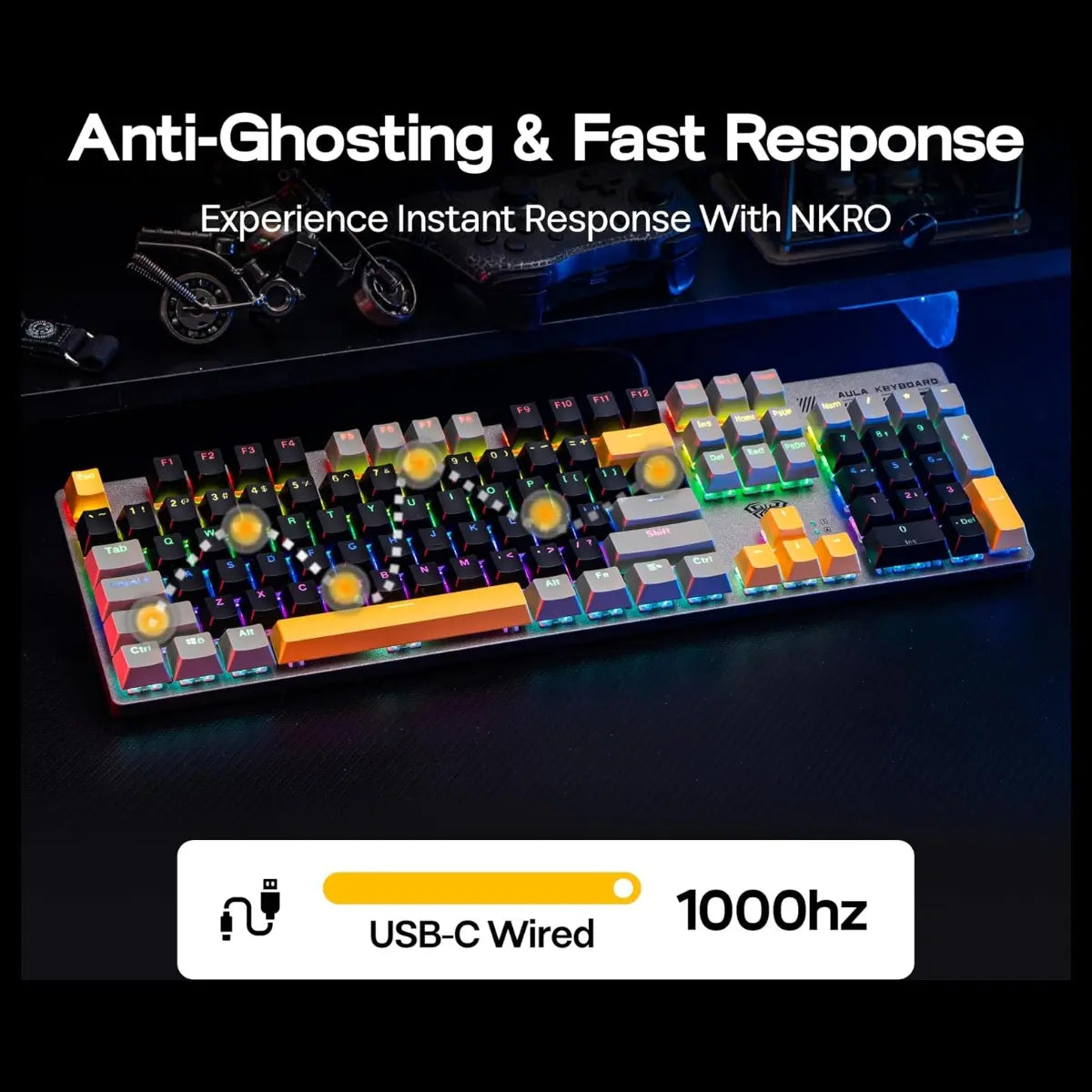 AULA S500 Wired Gaming Keyboard, 100% Full Size Mechanical Keyboard with Number Pad, 104 Keys, NKRO, RGB Backlits, Shine Through Keycaps, Ergonomic, Blue Switch, Black and Grey