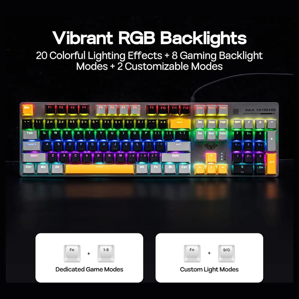 AULA S500 Wired Gaming Keyboard, 100% Full Size Mechanical Keyboard with Number Pad, 104 Keys, NKRO, RGB Backlits, Shine Through Keycaps, Ergonomic, Blue Switch, Black and Grey