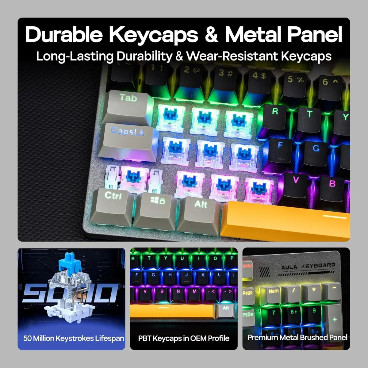 AULA S500 Wired Gaming Keyboard, 100% Full Size Mechanical Keyboard with Number Pad, 104 Keys, NKRO, RGB Backlits, Shine Through Keycaps, Ergonomic, Blue Switch, Black and Grey