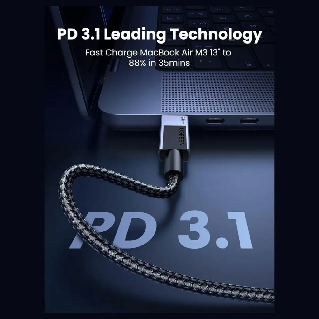 UGREEN 5 Series USB-C to USB-C PD 240W Cable, 2 Meter, 480Mbps USB 2.0 Data Sync, Intelligent E-Marker Chip, Nylon Braided, Model 45068