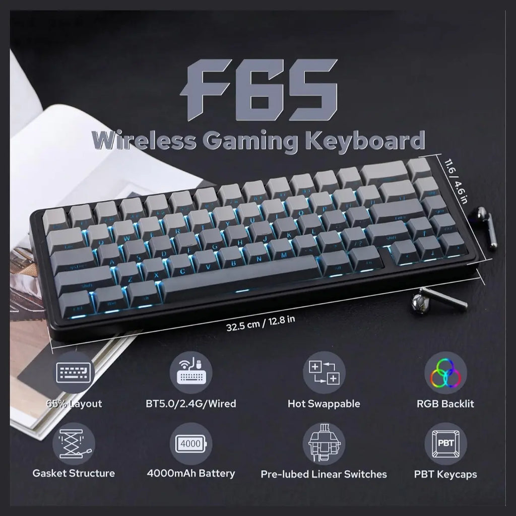 EPOMAKER x Aula F65 65% Wireless Hot-Swappable Gasket Mechanical Keyboard, 67 Keys, Five-Layer Sound Dampening, Flex-Cut PC Plate, BT 2.4GHz and Wired USB, 4000mAh Battery, South-Facing RGB 1000Hz