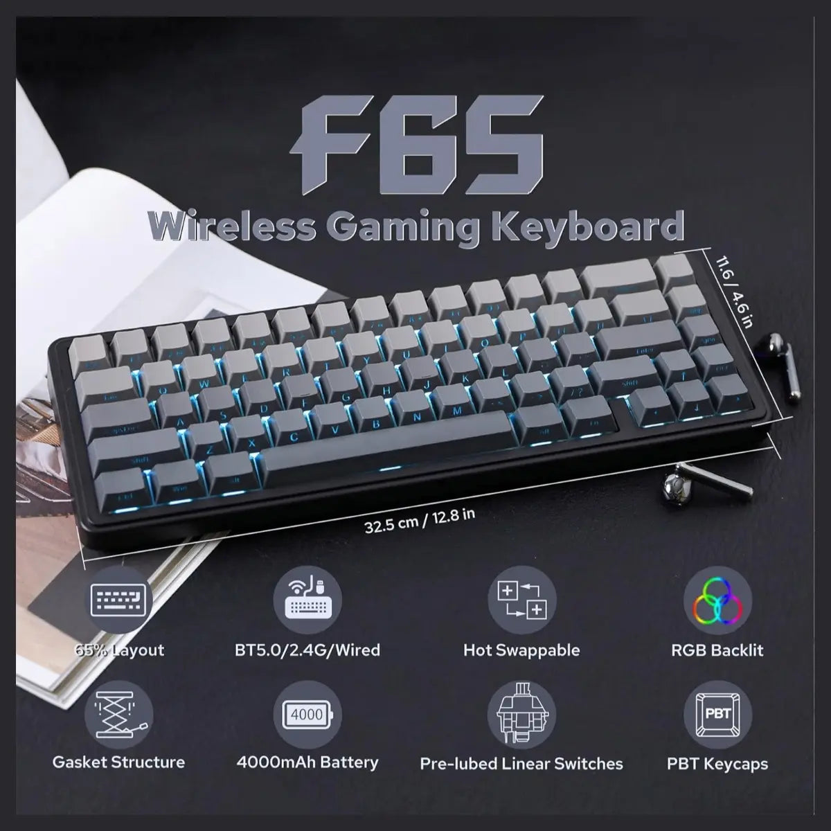EPOMAKER x Aula F65 65% Wireless Hot-Swappable Gasket Mechanical Keyboard, 67 Keys, Five-Layer Sound Dampening, Flex-Cut PC Plate, BT 2.4GHz and Wired USB, 4000mAh Battery, South-Facing RGB 1000Hz