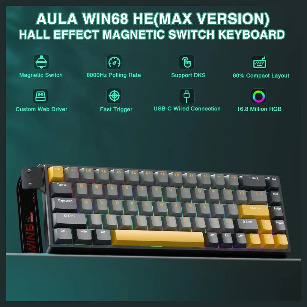 AULA WIN68 HE MAX Hall Effect Gaming Keyboard, Wing Chun Magnetic Switch, Adjustable Actuation 0.01mm-3.3mm, 8000Hz Polling Rate, 60% 68-Key Wired RGB Backlit, Grey and Yellow-Max Version
