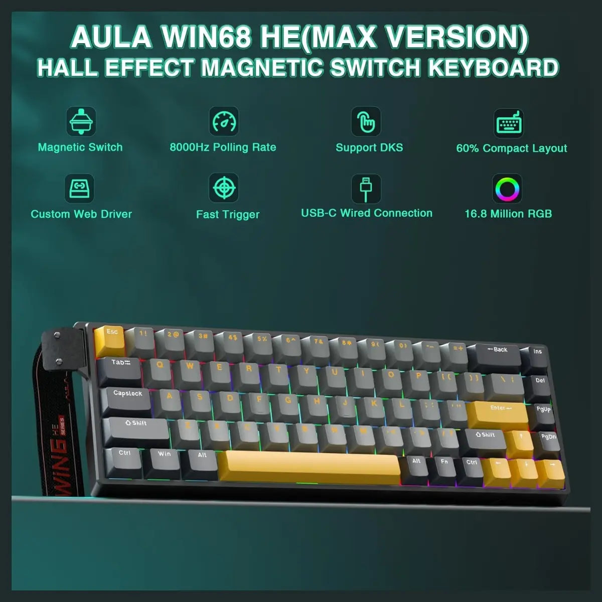 AULA WIN68 HE MAX Hall Effect Gaming Keyboard, Wing Chun Magnetic Switch, Adjustable Actuation 0.01mm-3.3mm, 8000Hz Polling Rate, 60% 68-Key Wired RGB Backlit, Grey and Yellow-Max Version