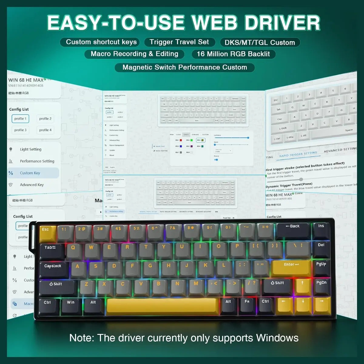 AULA WIN68 HE MAX Hall Effect Gaming Keyboard, Wing Chun Magnetic Switch, Adjustable Actuation 0.01mm-3.3mm, 8000Hz Polling Rate, 60% 68-Key Wired RGB Backlit, Grey and Yellow-Max Version