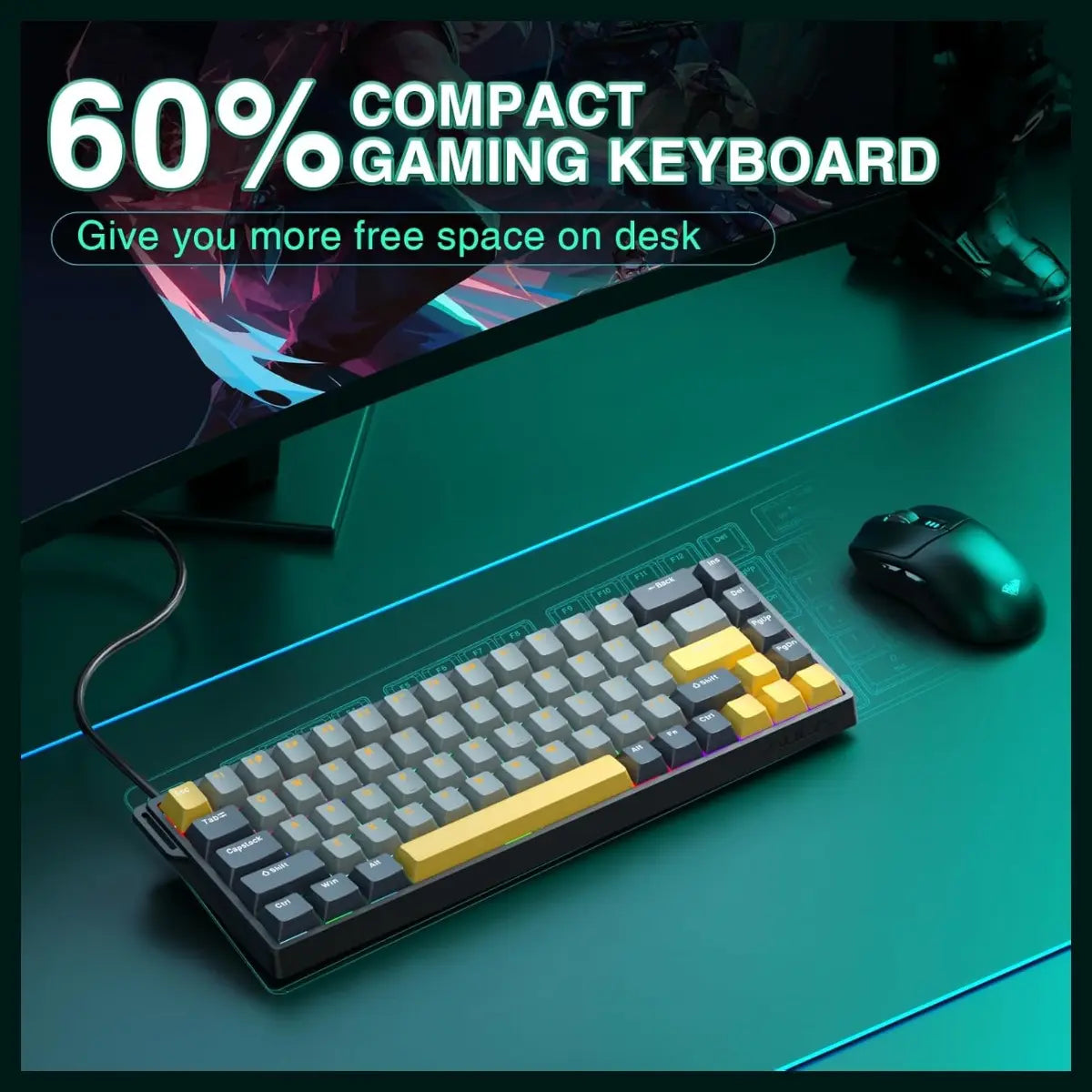 AULA WIN68 HE MAX Hall Effect Gaming Keyboard, Wing Chun Magnetic Switch, Adjustable Actuation 0.01mm-3.3mm, 8000Hz Polling Rate, 60% 68-Key Wired RGB Backlit, Grey and Yellow-Max Version