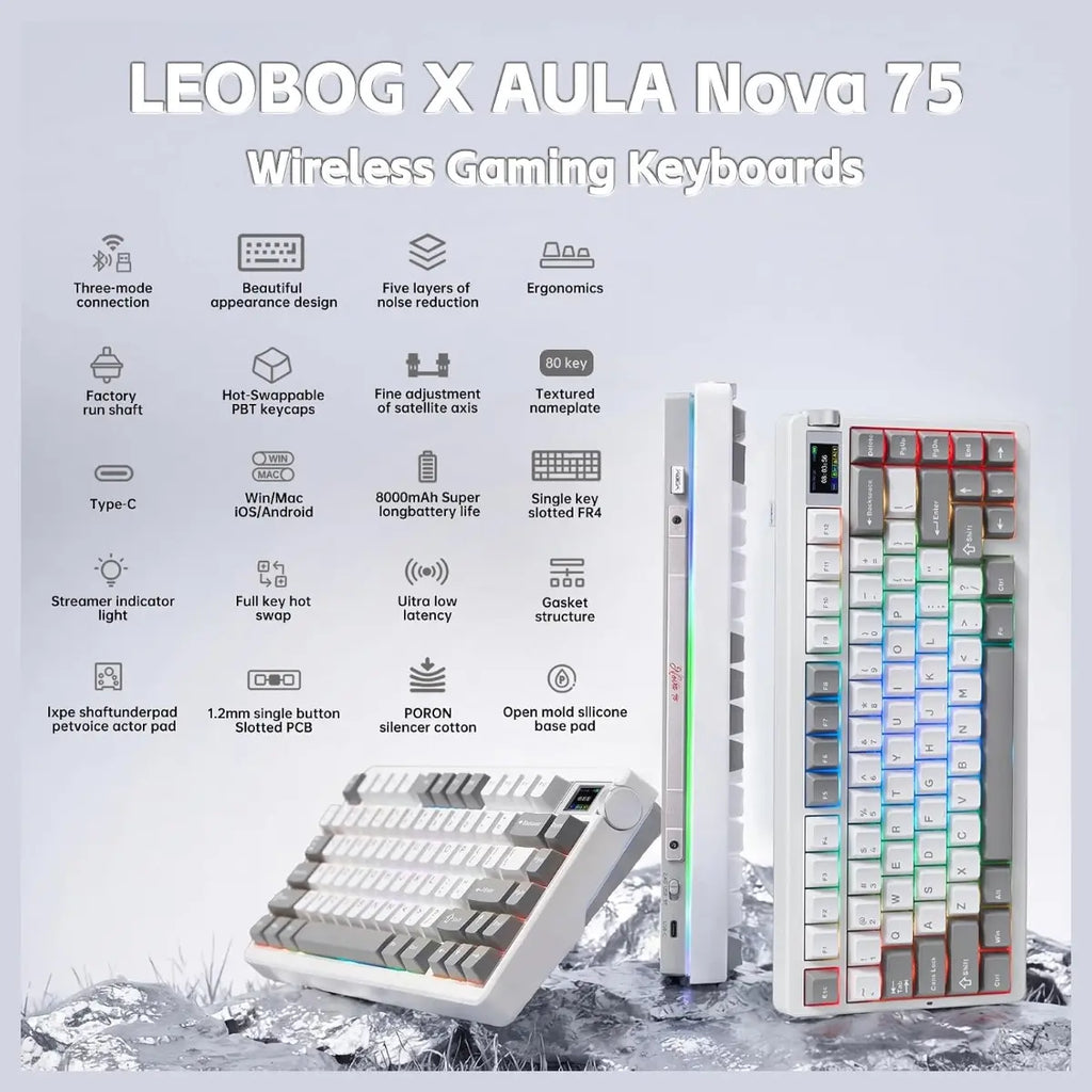 AULA Nova75 Mechanical Gaming Keyboard, 75% Compact, Bluetooth 5.0, 2.4GHz, USB-C, TFT Screen and Volume Knob, 8000mAh Battery, RGB Backlit, Hot Swappable, Star Vector Switch, Grey White